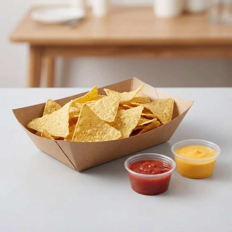 A disposable kraft paper boat tray filled with golden french fries and a hot dog.