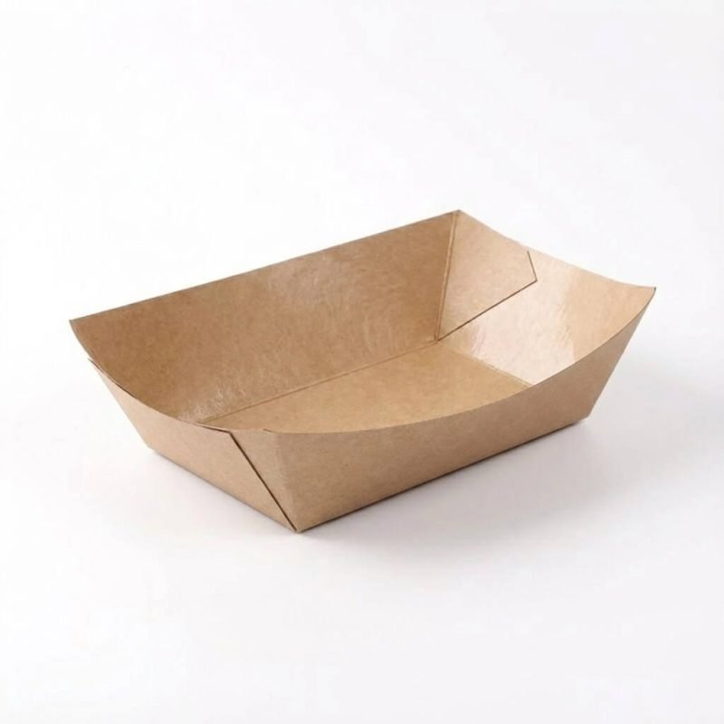 A disposable kraft paper boat tray filled with golden french fries and a hot dog.