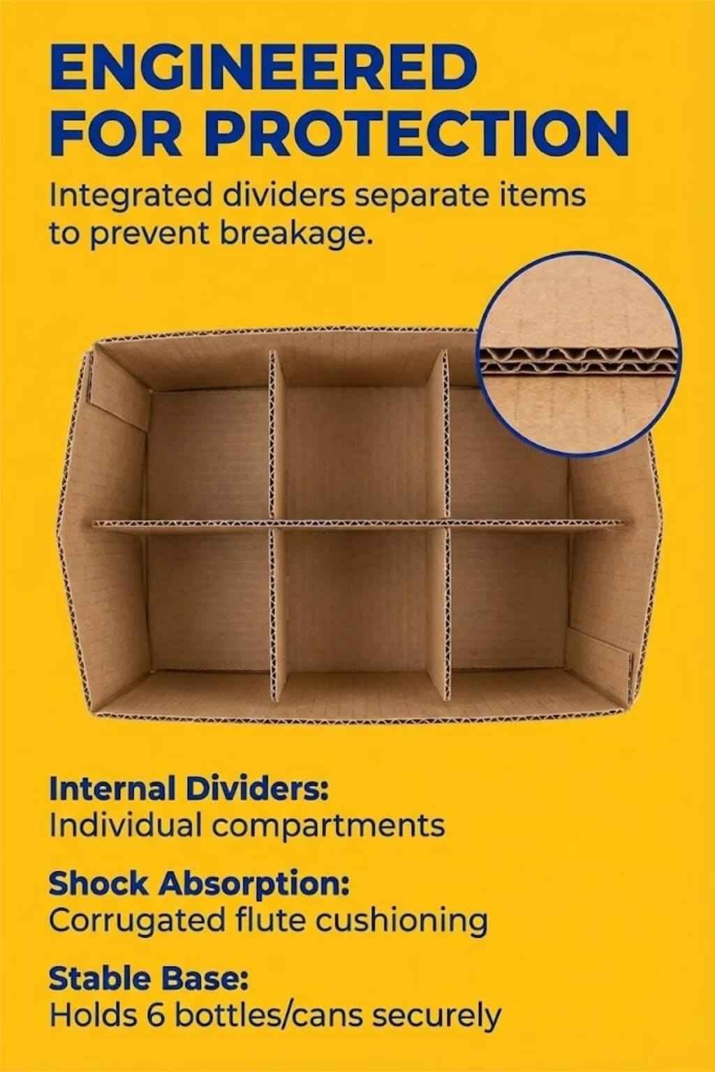A custom printed 6 pack beer box made of brown corrugated cardboard with 6 bottles inside and a hand holding the handle.