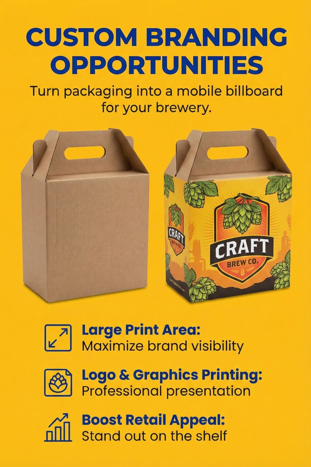 A custom printed 6 pack beer box made of brown corrugated cardboard with 6 bottles inside and a hand holding the handle.