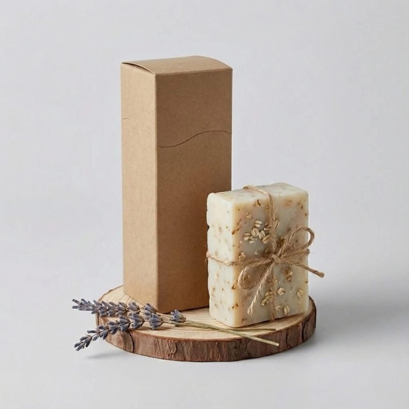 A rectangular 350gsm kraft paper folding box with a tuck end closure for essential oil packaging.