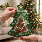A translucent Christmas tree shaped ziplock pouch filled with red and green holiday candies.