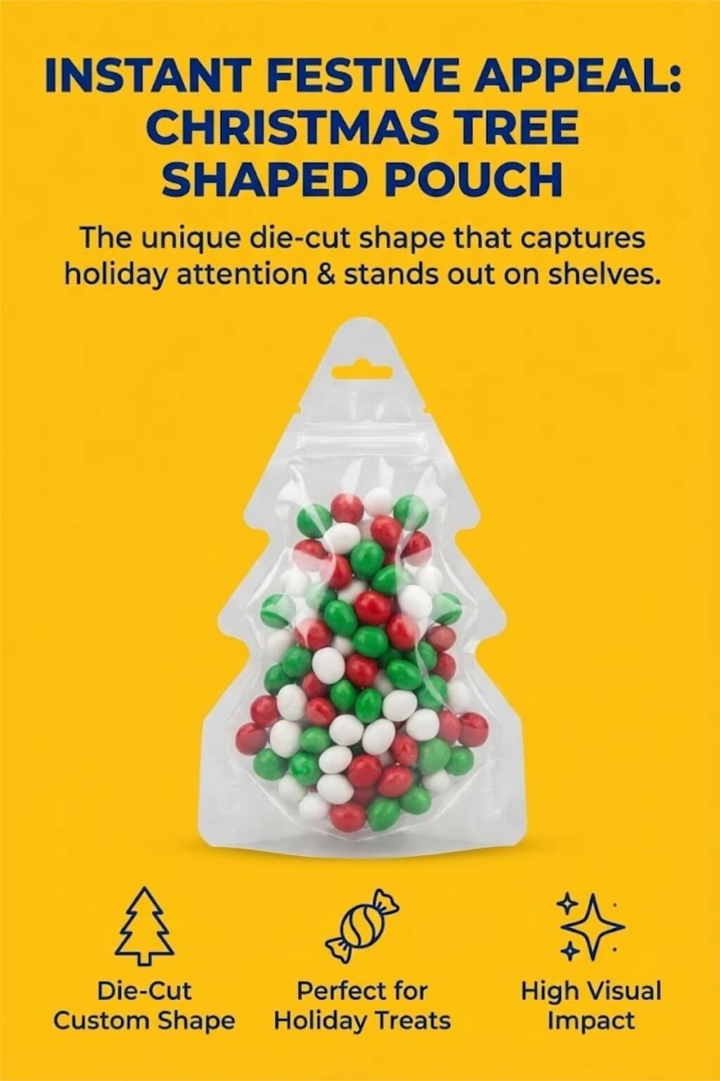 A translucent Christmas tree shaped ziplock pouch filled with red and green holiday candies.