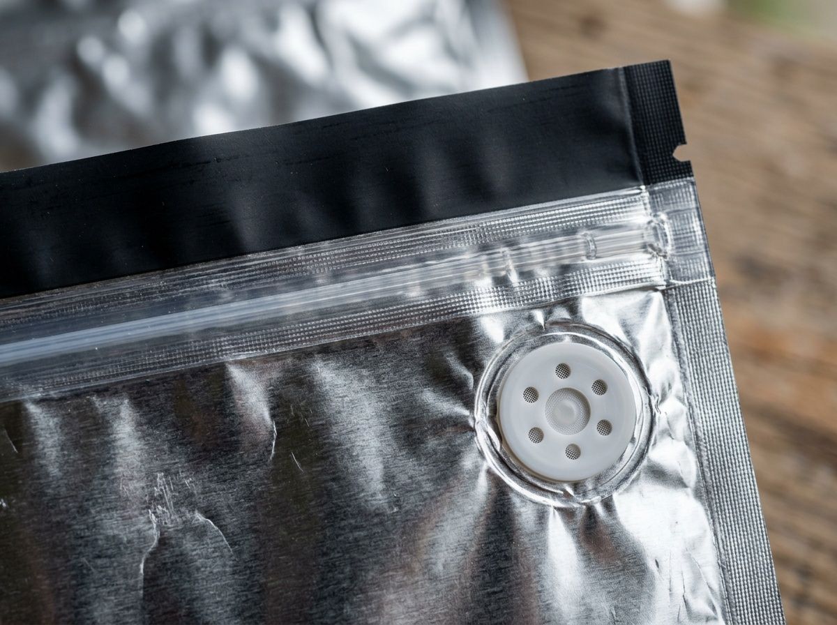 Close up of high barrier mylar bags with plastic ziplock and valve