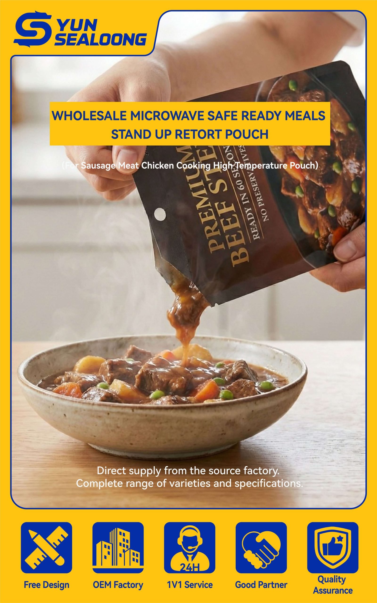 A high-barrier stand up retort pouch featuring a printed image of roasted chicken and vegetables.