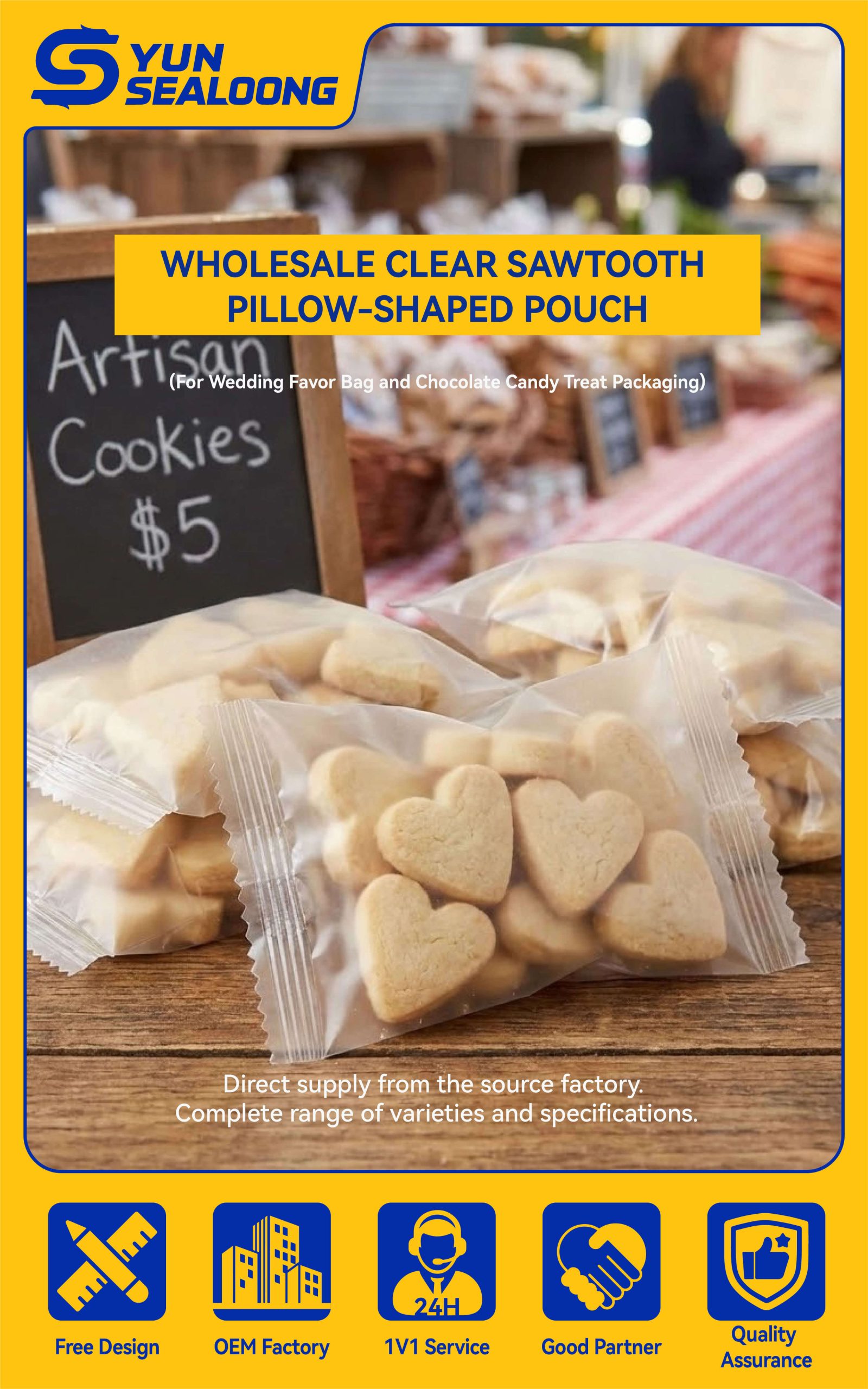 A transparent pillow-shaped pouch filled with colorful candies and sealed with a sawtooth edge.