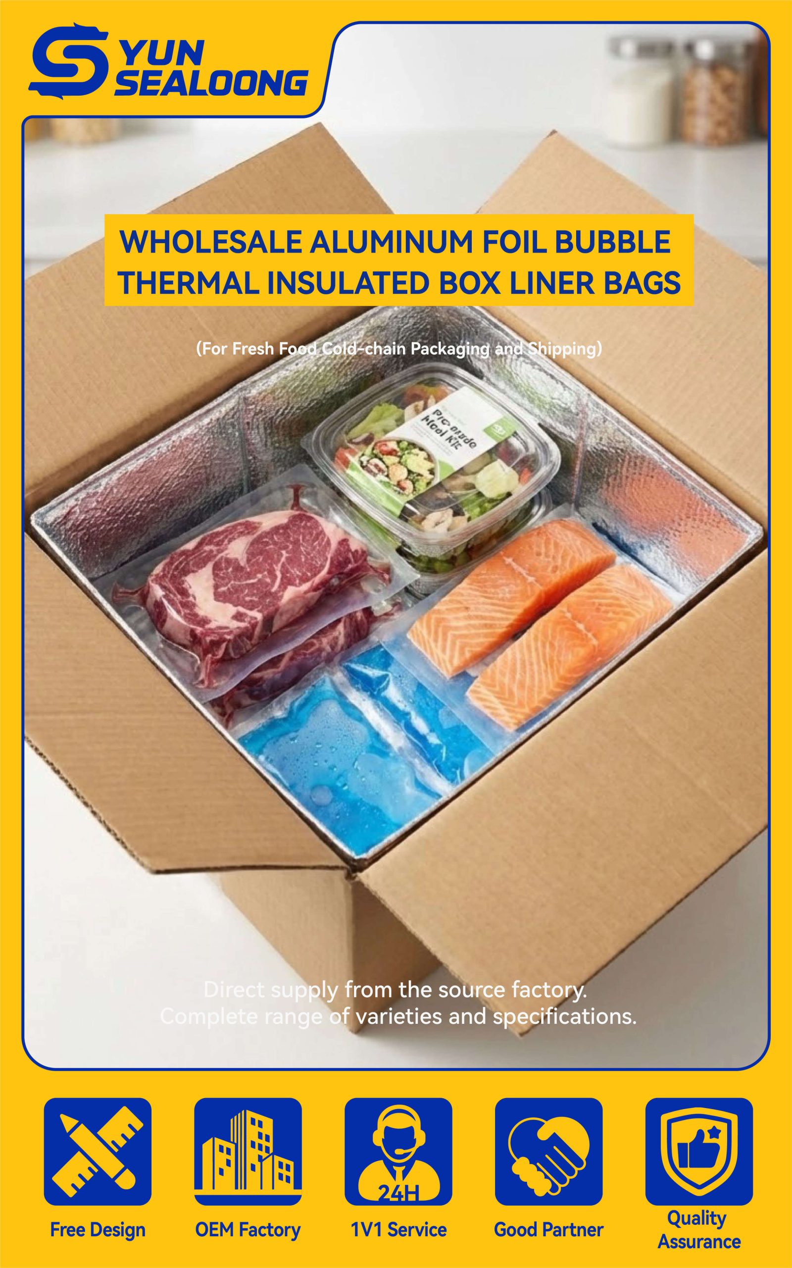 A silver insulated box liner being placed inside a brown corrugated shipping box filled with fresh meat and ice packs.