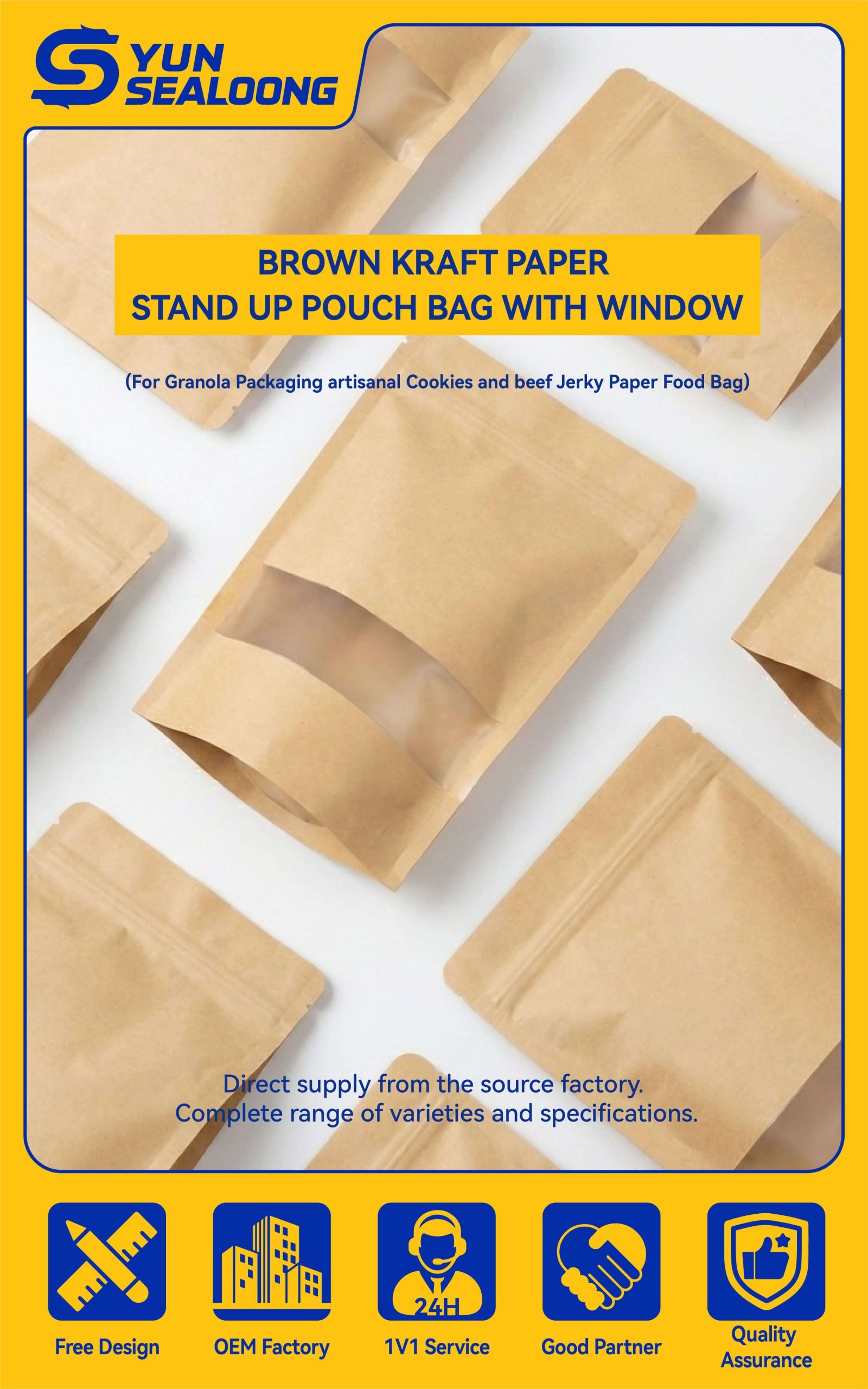 A brown kraft paper stand up pouch with window filled with granola and sealed with a zipper.
