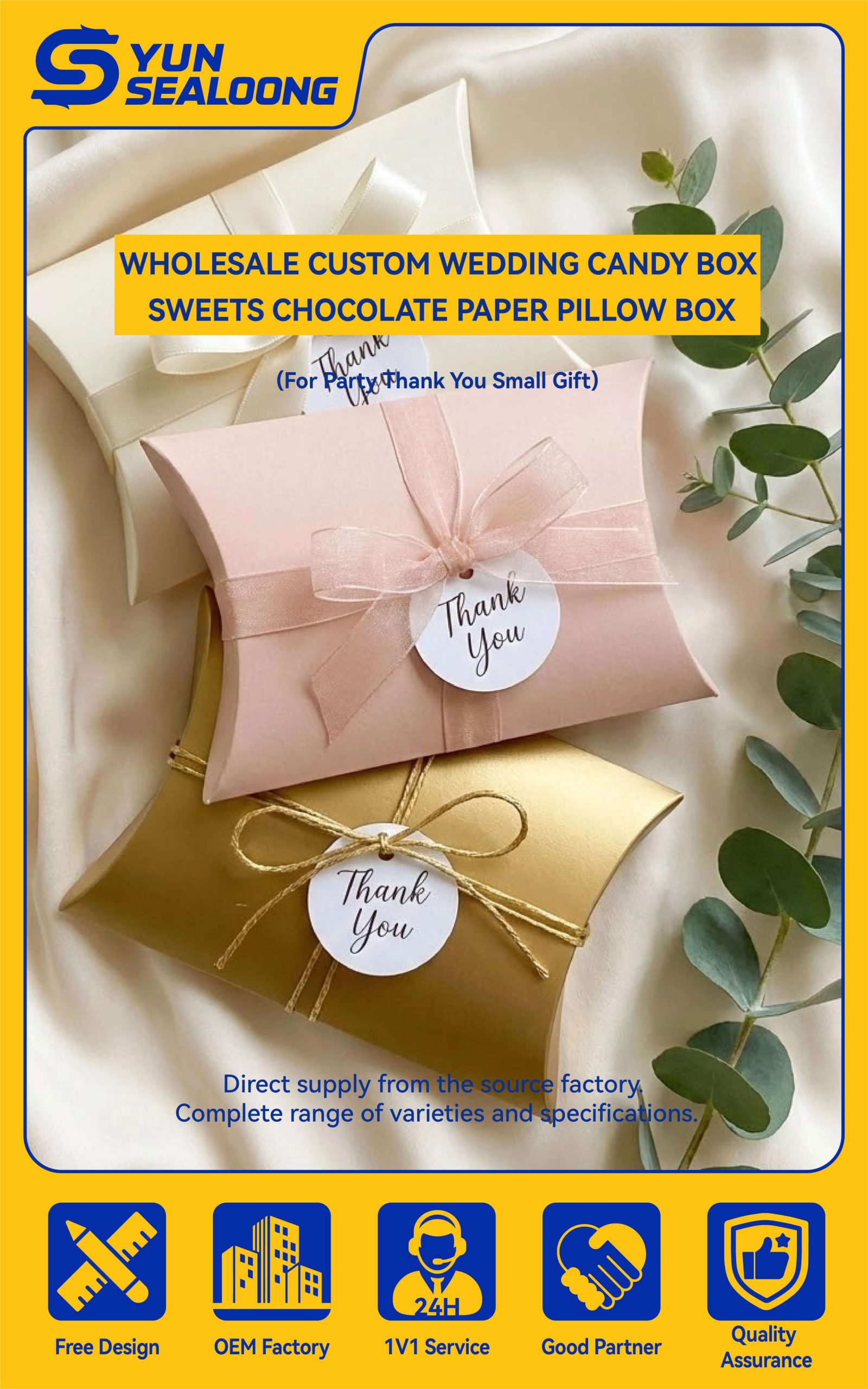 A silver pearlescent paper pillow box tied with a white ribbon and containing pink candies.