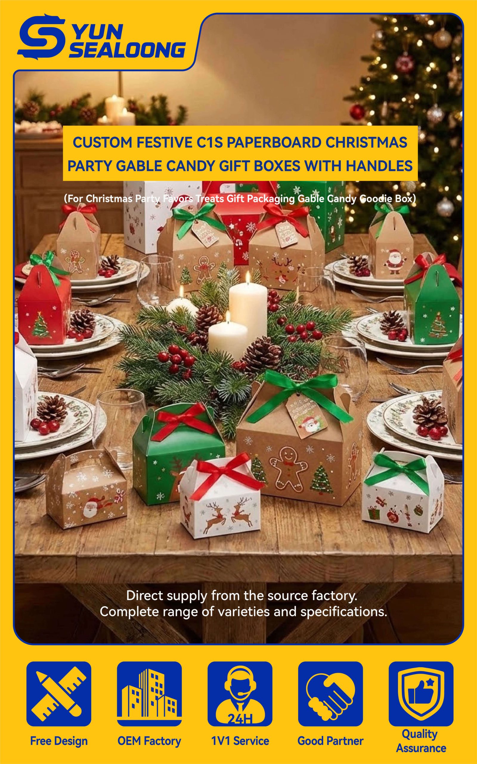 A group of festive Christmas gable boxes with handles, featuring Santa Claus and reindeer prints, filled with cookies.