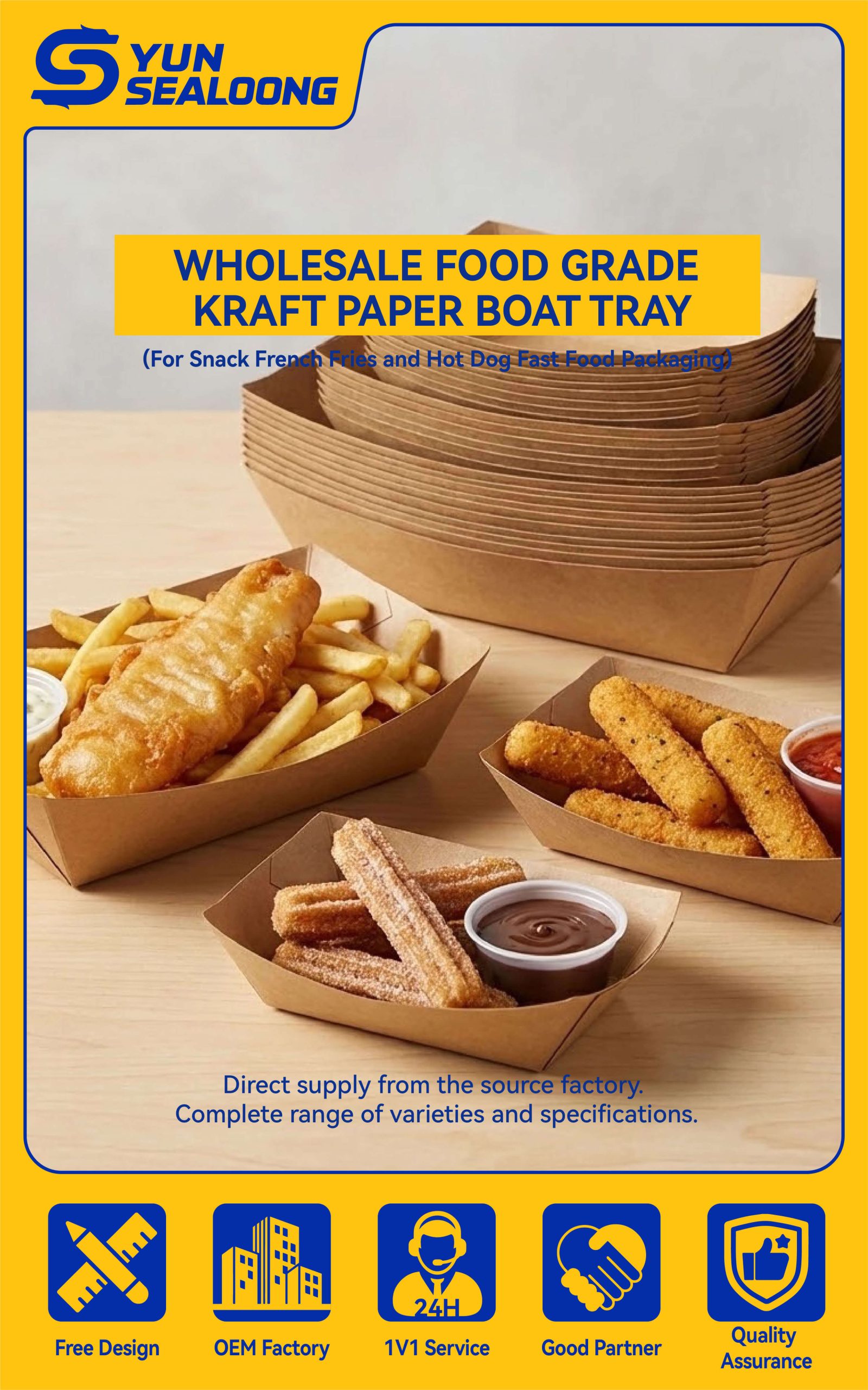 A disposable kraft paper boat tray filled with golden french fries and a hot dog.