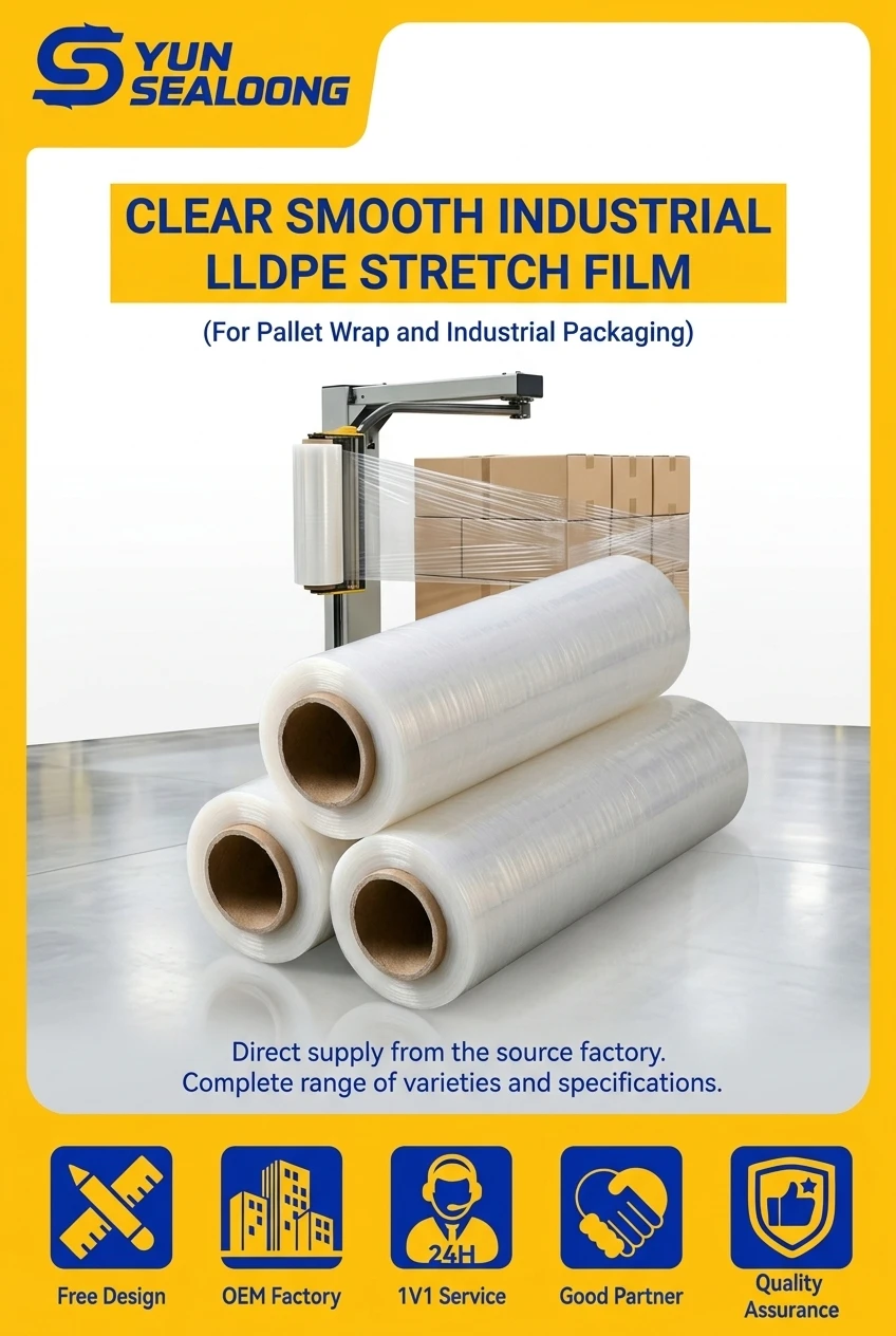 Clear Smooth Industrial LLDPE Stretch Film with 50cm Width and 300m Length for Pallet Wrap and Industrial Packaging