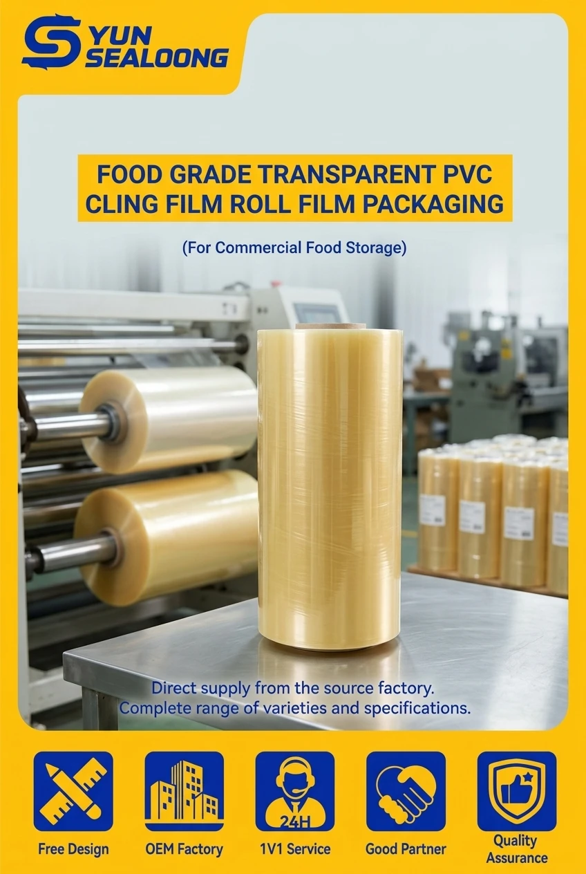 Food Grade Transparent Soft PVC Cling Film Roll 10micron Thickness 30cm Width 300m Length Packaging for Commercial Food Storage