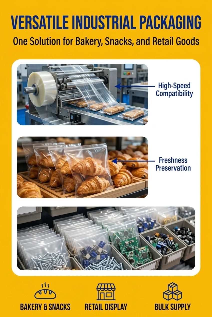 This roll film packaging is perfect for high-speed operations, offering the soft flexibility needed for confectionery, bakery