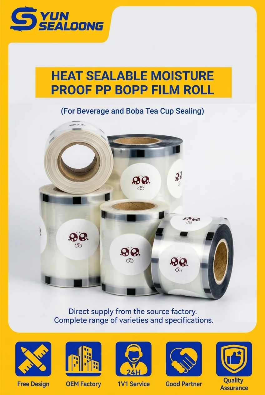 Heat Sealable Moisture Proof PP Bopp Film Roll with Clear Printed Design for Beverage and Boba Tea Cup Sealing