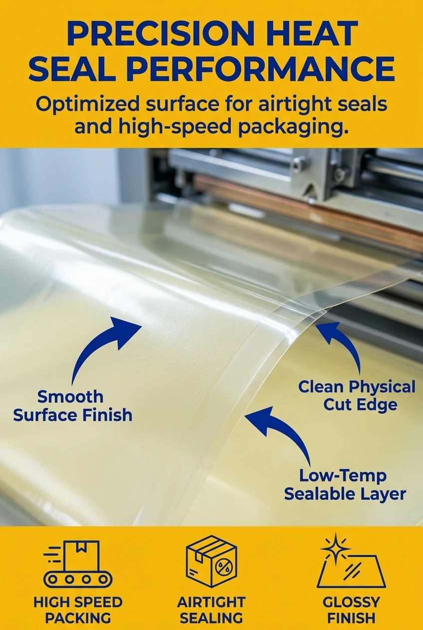 This heat sealable opp film features a specialized surface layer that facilitates strong, airtight seals at lower temperature