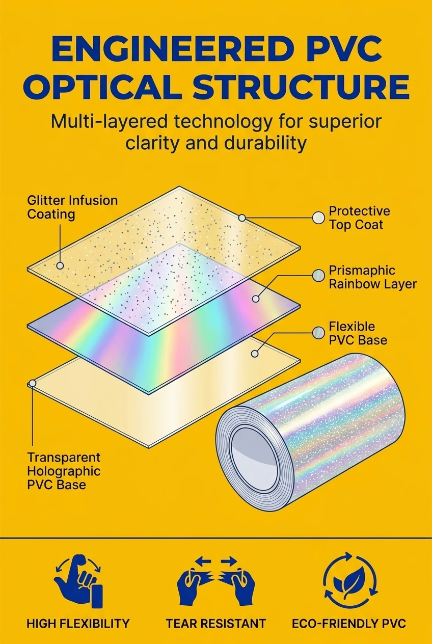 High-resolution texture of glitter lamination film prismatic surface under studio lighting