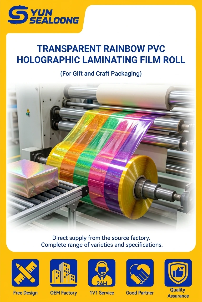 Transparent Rainbow TPU Holographic Laminating Film Roll with Self Adhesive Prismatic Pattern for Gift and Craft Packaging
