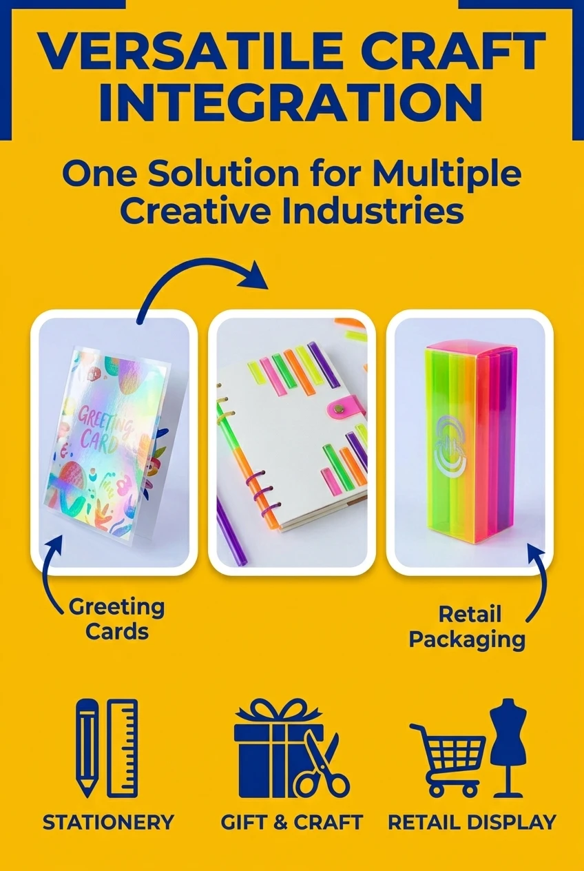 Multi-application holographic laminating film roll suitable for diverse industries. From scrapbooking and card making to ther