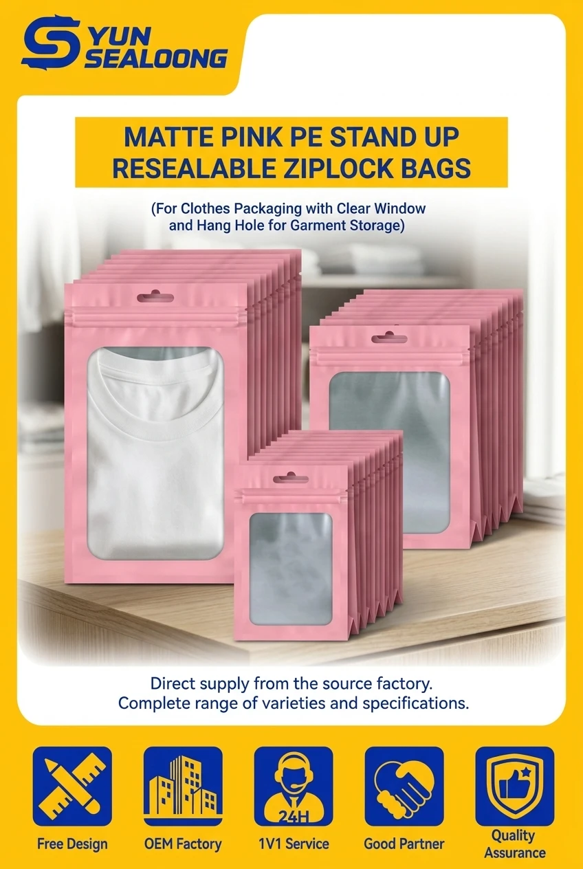 Matte Pink PE Stand up Resealable Ziplock Bags for Clothes Packaging with Clear Window and Hang Hole for Garment Storage