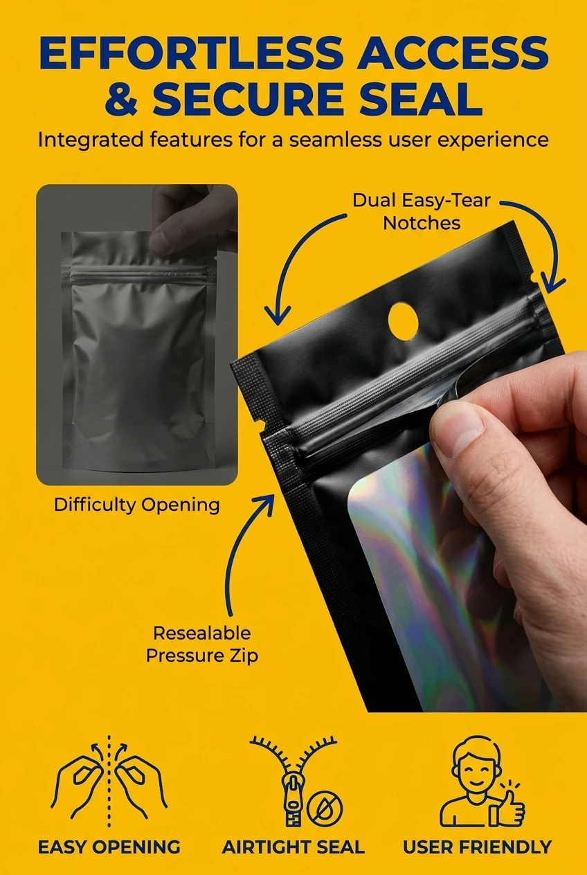 Say goodbye to difficult packaging. Our plastic bags zip lock feature dual V-notches for an easy-open experience without tool