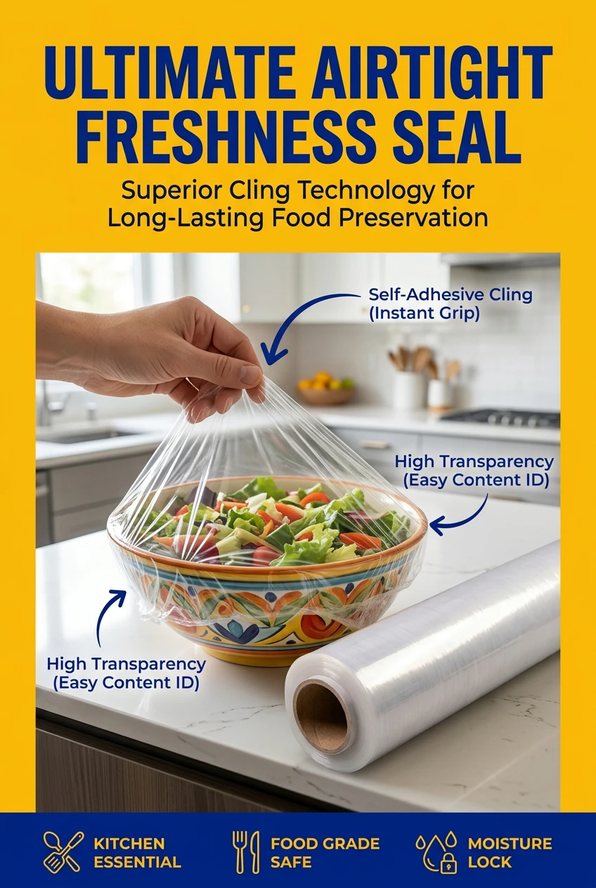 food grade stretch film detail view showing vertical rainbow stripe pattern and transparency