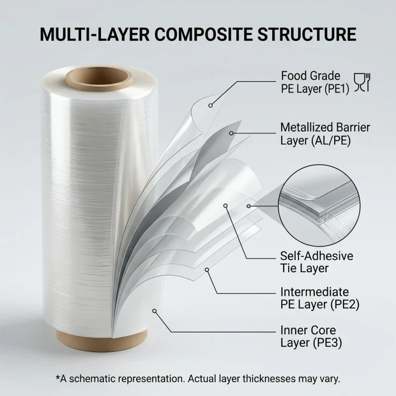 Close-up of food grade stretch film surface with vertical holographic grating pattern