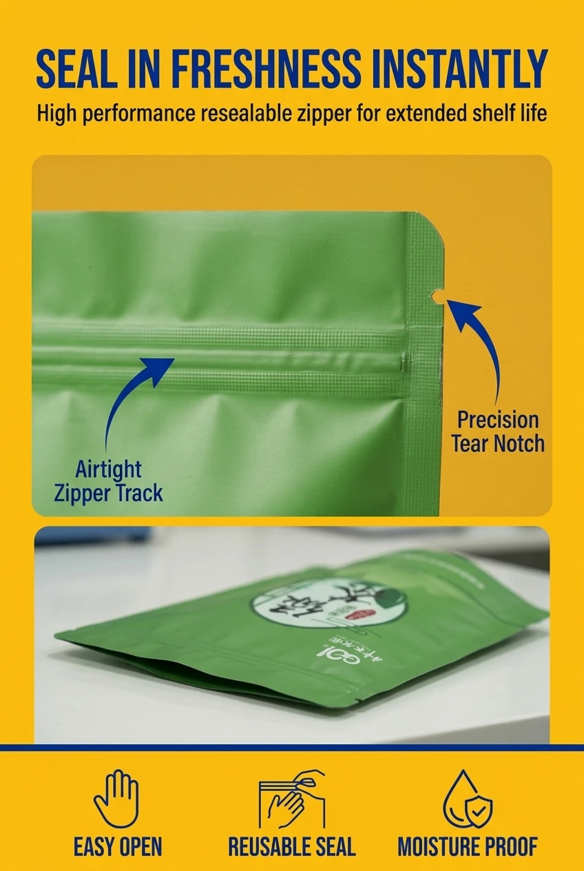 High performance ziplock bags for food packaging with a robust resealable zipper system. These custom snack packaging bags in
