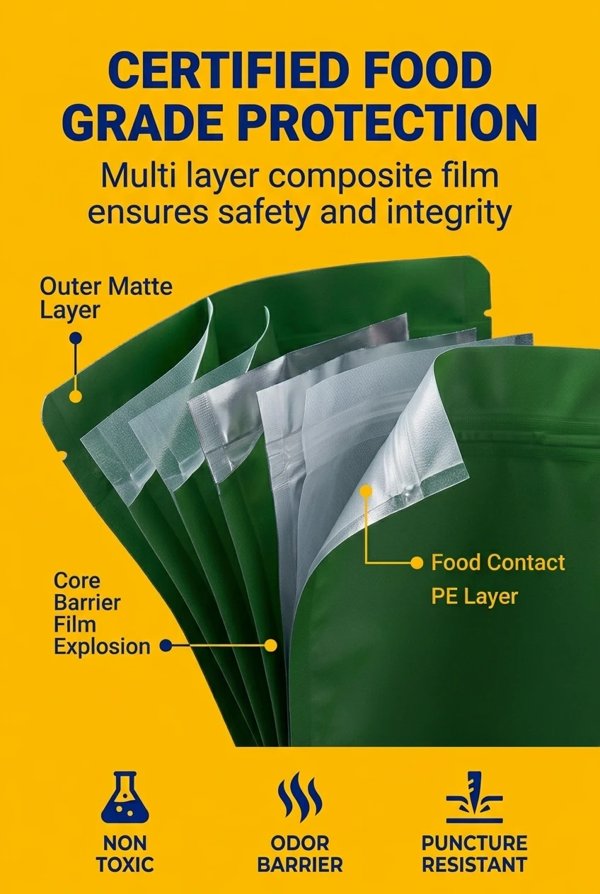 Multi layer customized food packaging bag structure designed for maximum barrier protection. Our food packaging bags utilize