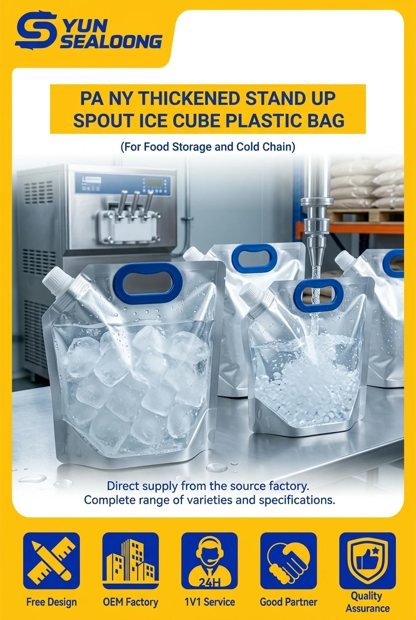 PA NY Thickened Stand up Spout Reusable Ice Cube Plastic Bag with 0.2mm Thickness and Handle for Food Storage and Cold Chain