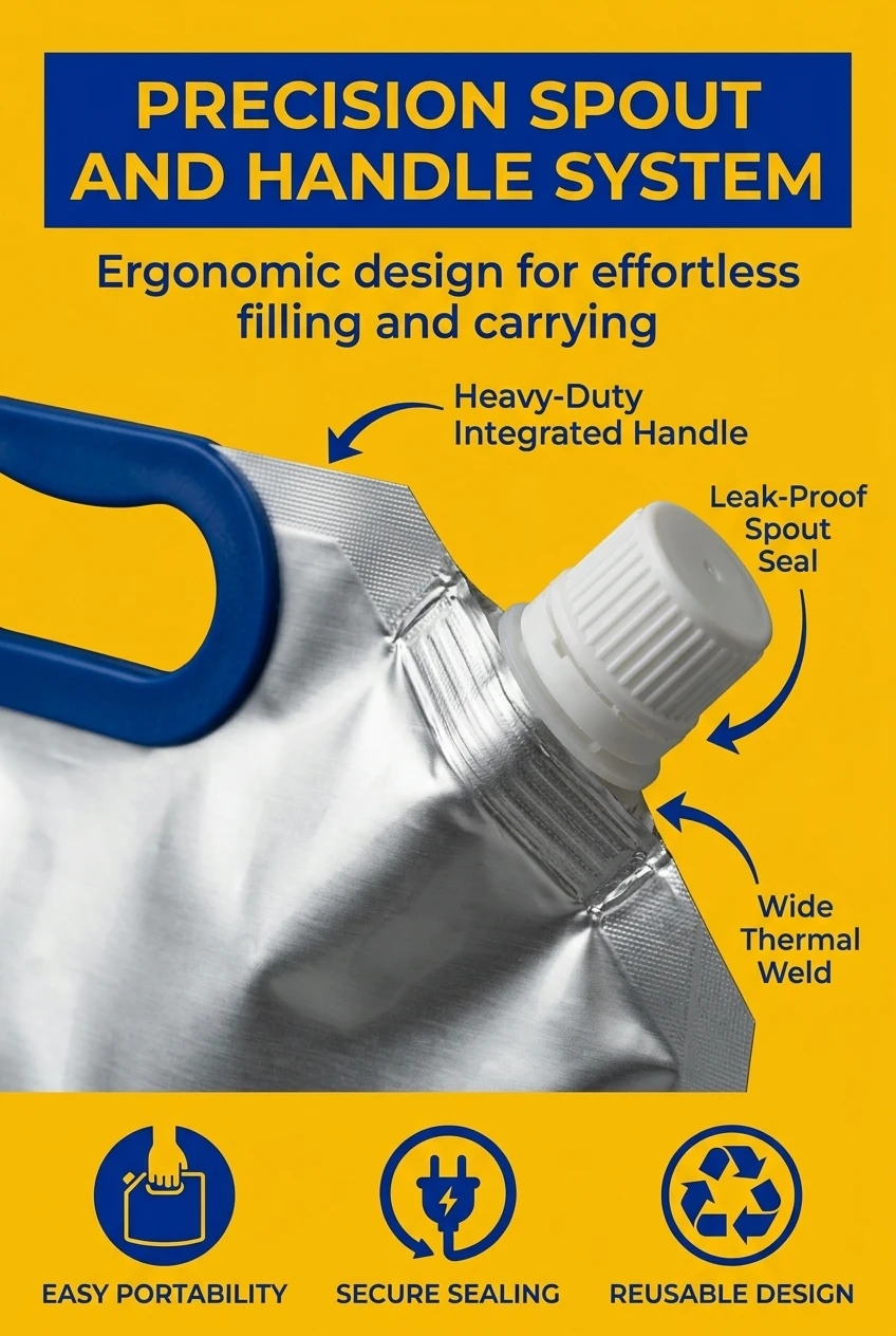 Customized food packaging bag with integrated spout and handle. This ice cube plastic bag features a precision-engineered whi