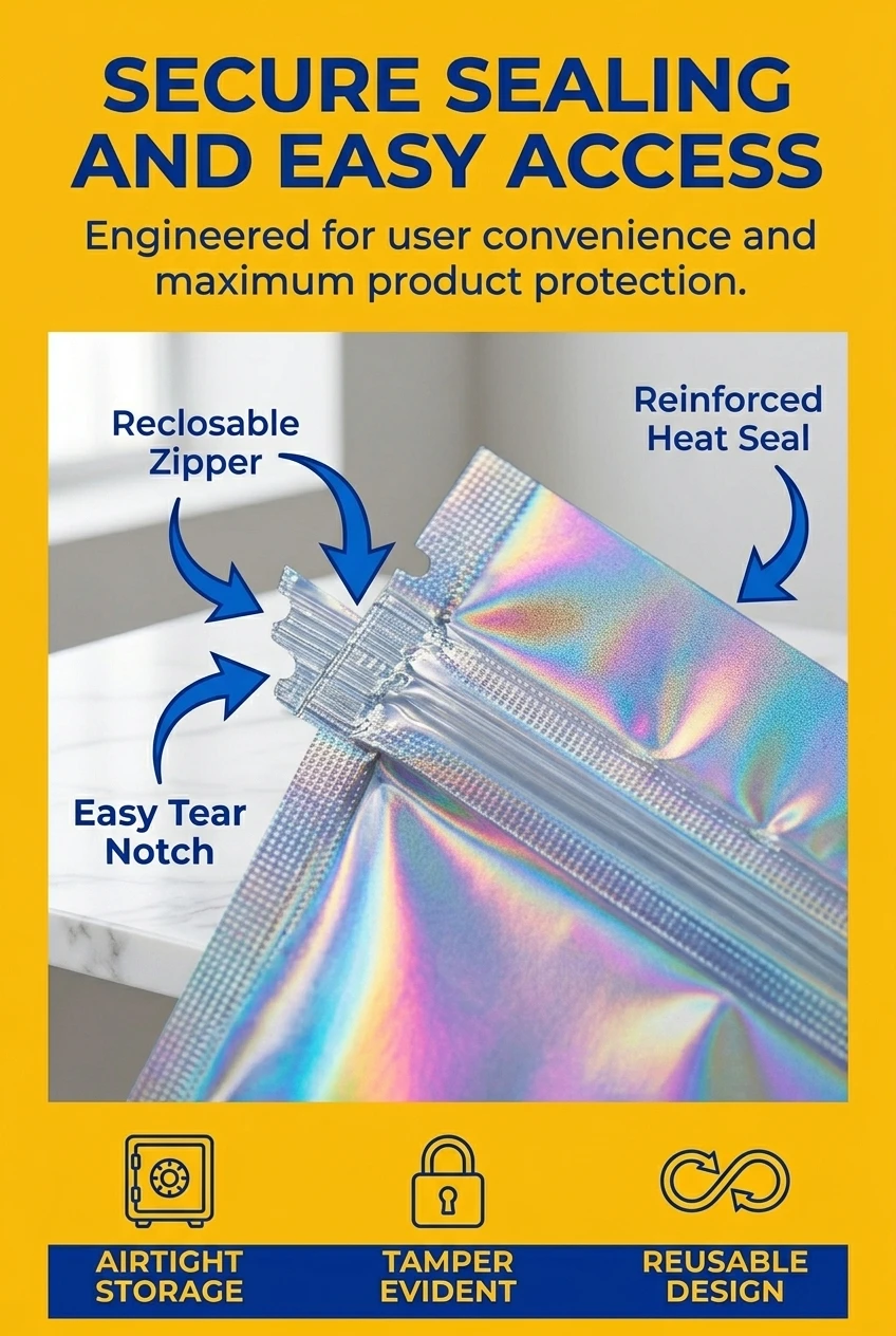Functional plastic bags zip lock design for easy reopening and reuse. These holographic bags packaging include symmetrical V-