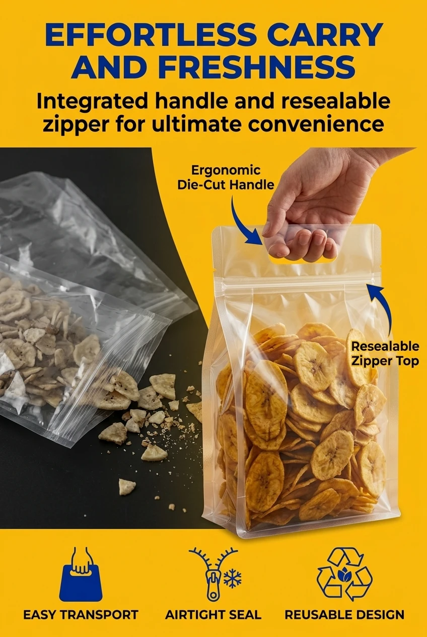 Innovative die cut handle plastic bags designed for consumer convenience. Each clear plastic ziplock bag integrates an ergono