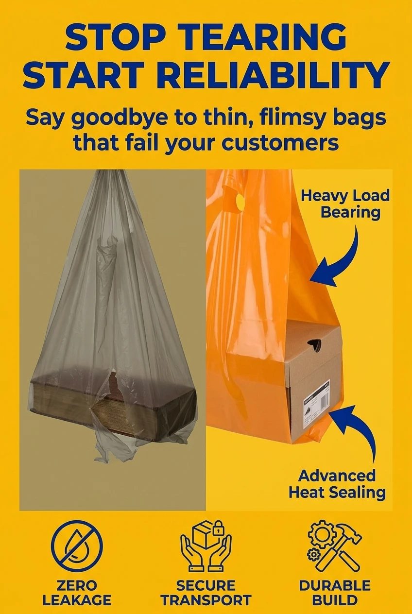 Reliable die cut handle plastic bags for heavy retail items. Unlike thin alternatives, our thickened plastic bags prevent tea
