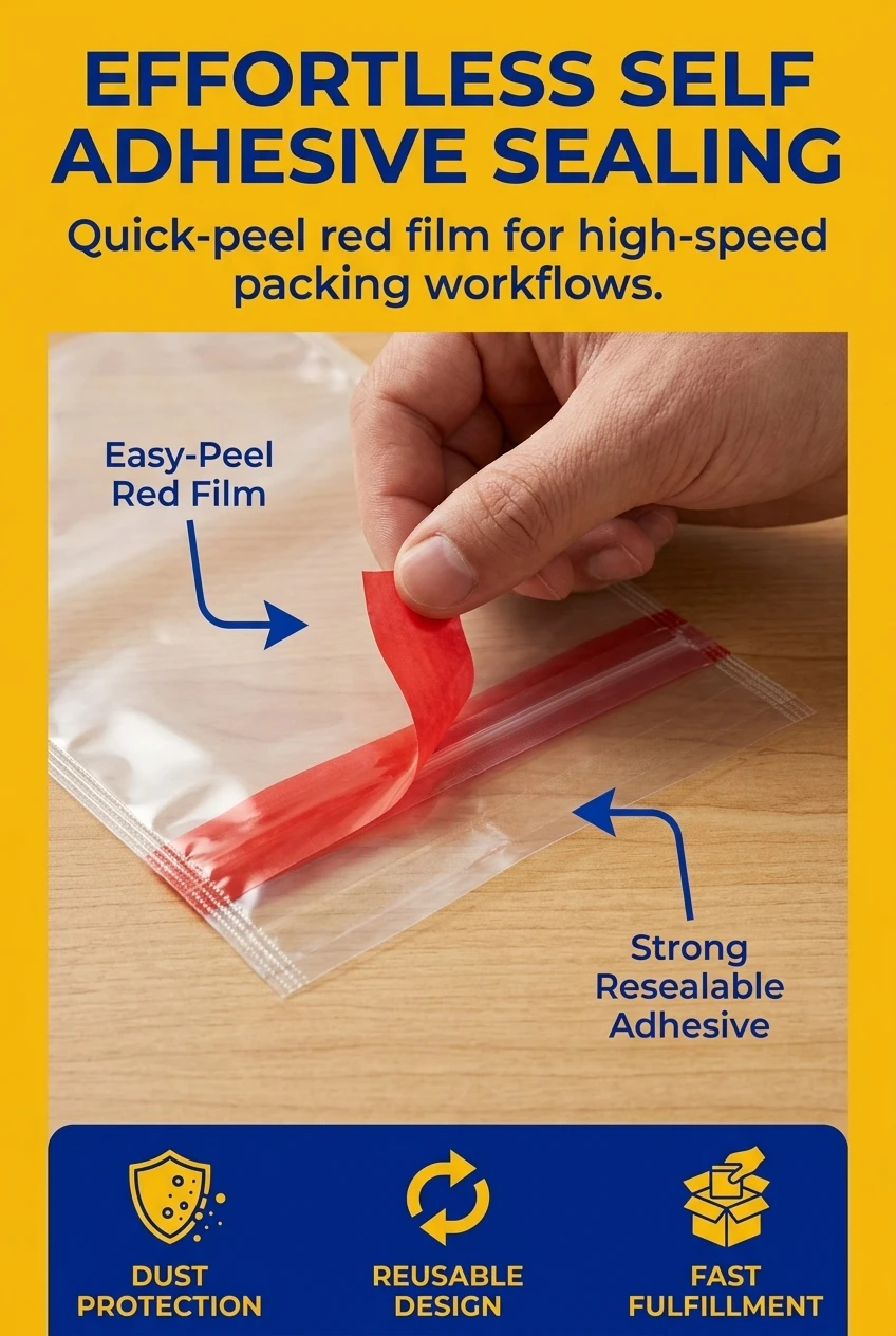Efficient self adhesive plastic bag with easy-peel technology. These transparent bags for packaging feature a high-tack adhes