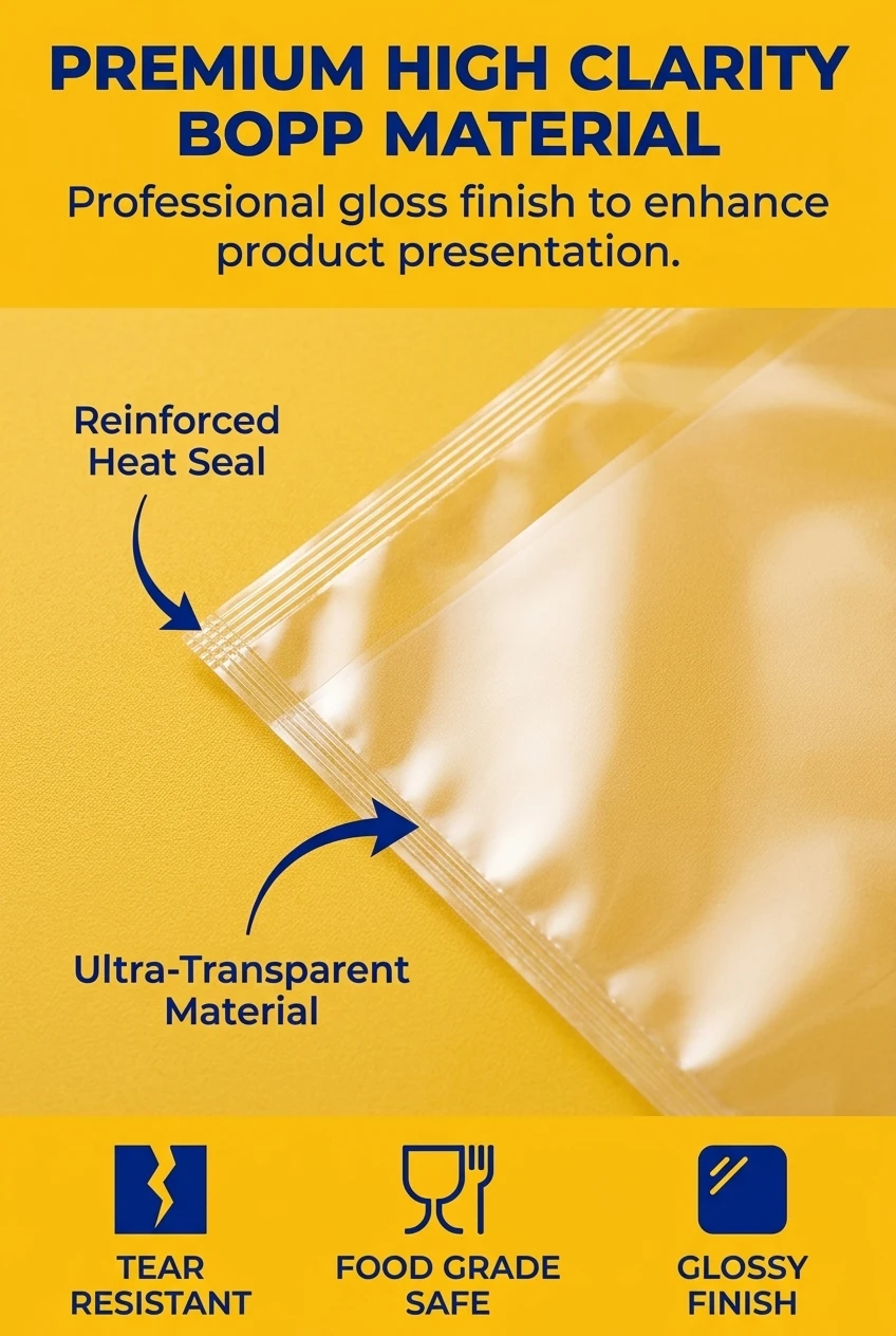 Premium quality self adhesive plastic bag made from ultra-clear BOPP film. Our transparent bags for packaging offer a profess