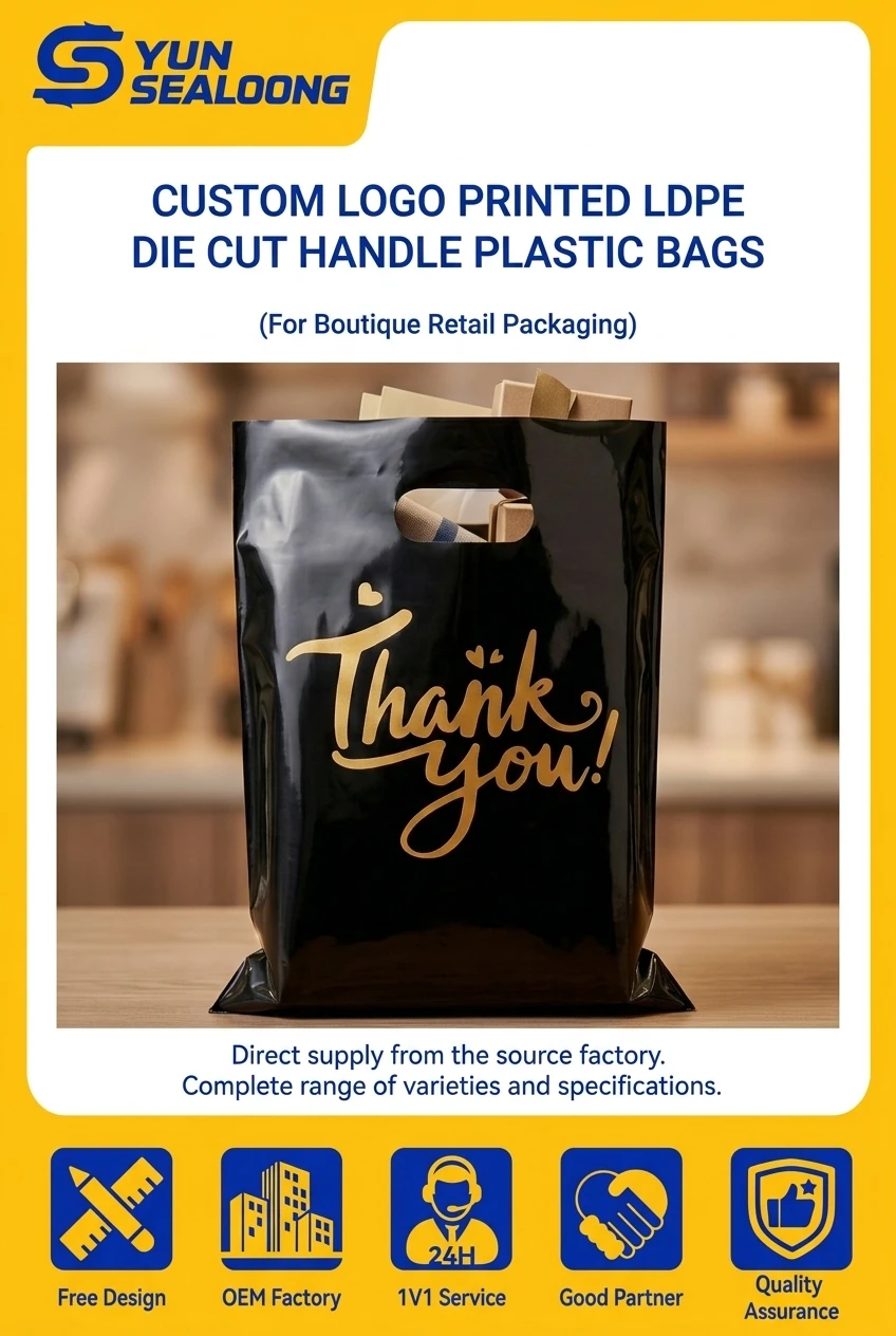 Custom Logo Printed LDPE Die Cut Handle Plastic Bags with 4 Mil Heavy Duty Thickness for Boutique Retail Packaging