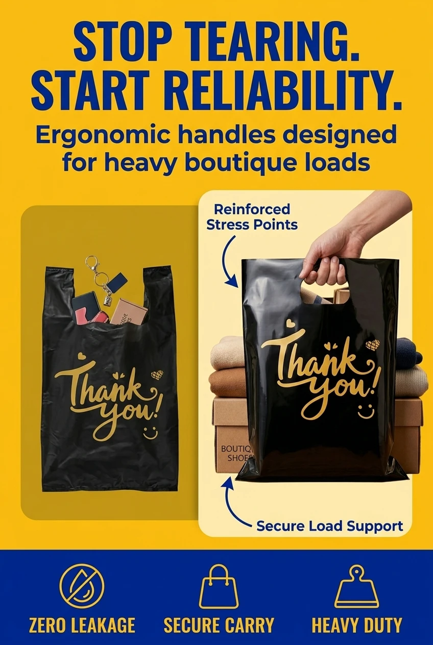 Solve handle failure with our reinforced die cut handle plastic bags. Unlike thin packaging bags for small businesses that sn