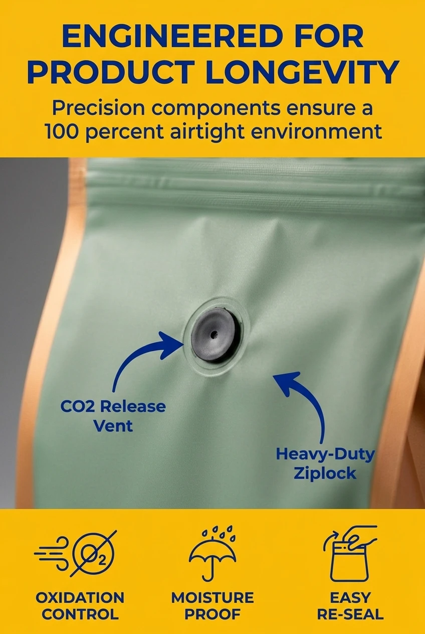 Close-up detail of our customized food packaging bag featuring a precision-engineered one-way degassing valve. These coffee p