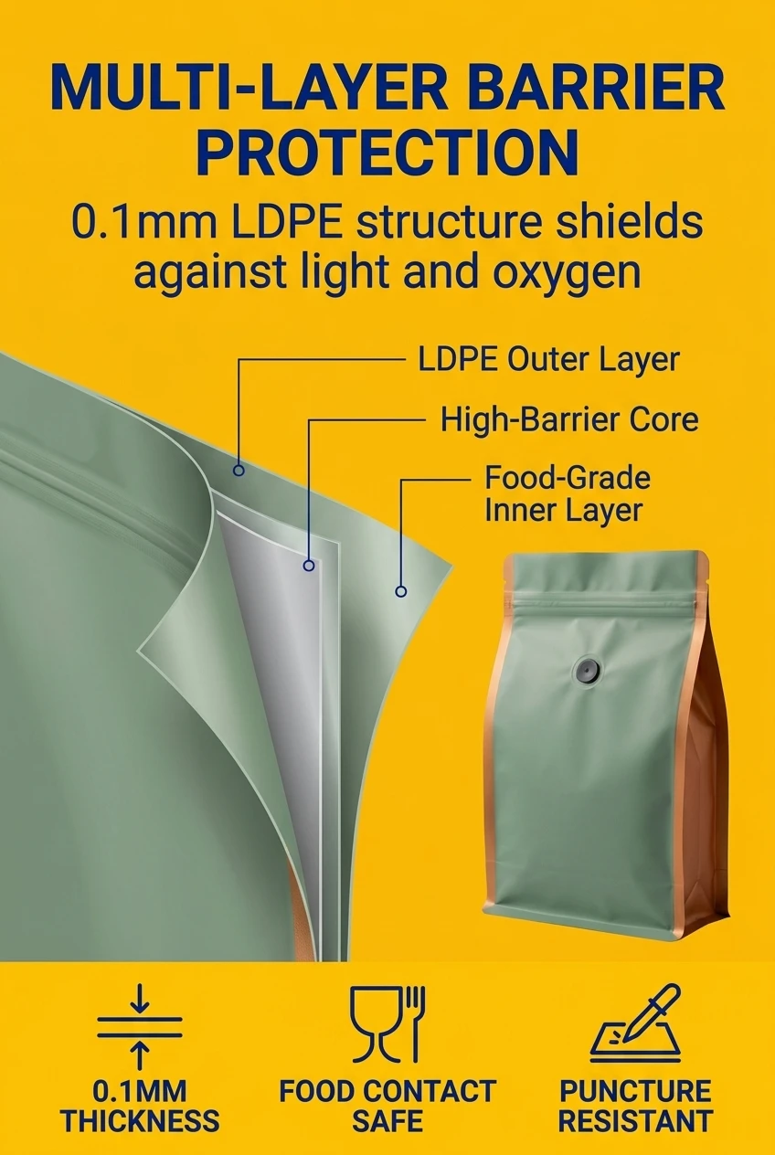 Technical material analysis of our LDPE coffee packaging bags. The 0.1mm thickness provides a robust barrier for ziplock bags