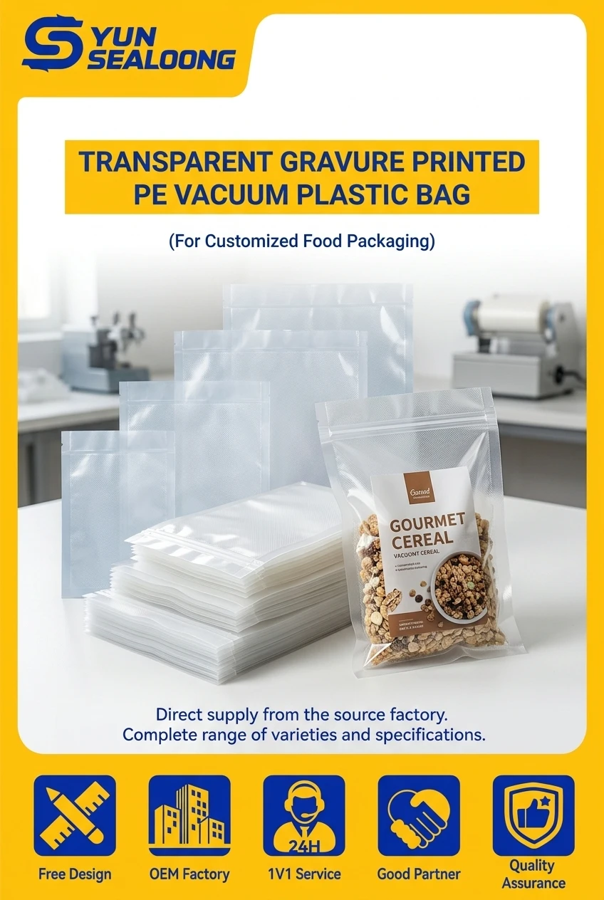 Transparent Gravure Printed PE Vacuum Plastic Bag with 20x30cm Size and 0.3mm Thickness for Customized Food Packaging