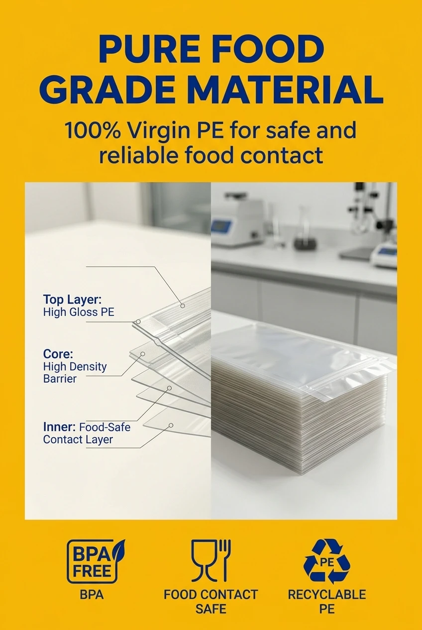 Safe and non-toxic vacuum plastic bag made from 100% virgin PE. Our transparent bags for packaging are BPA-free and meet glob