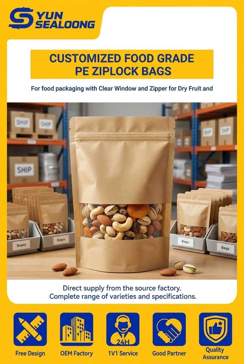 Customized Food Grade PE Ziplock Bags for Food Packaging with Clear Window and Zipper for Dry Fruit and Food Storage