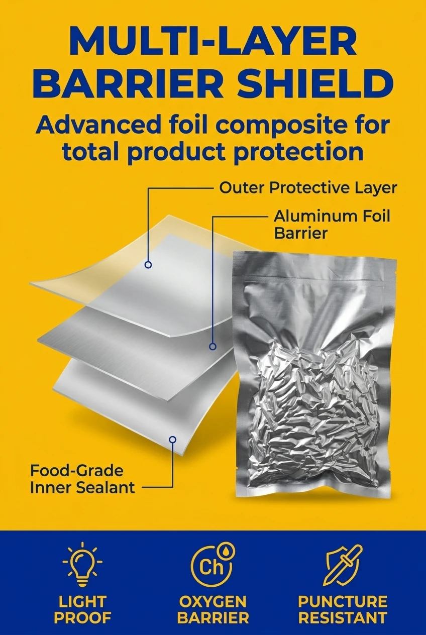 Advanced material structure of our customized food packaging bag. Featuring a high-density aluminum foil layer, this vacuum p