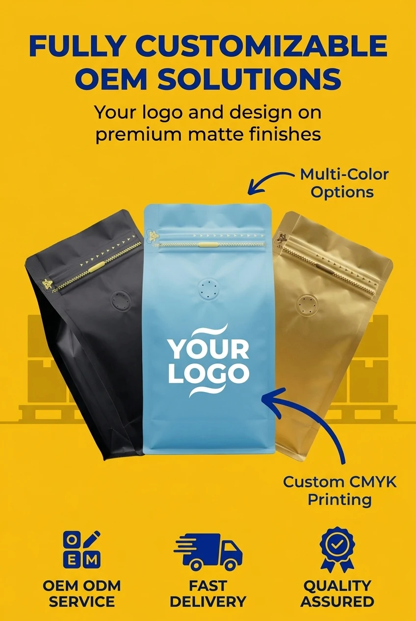 Waterproof coffee packaging bags protecting printed gift box designs from moisture