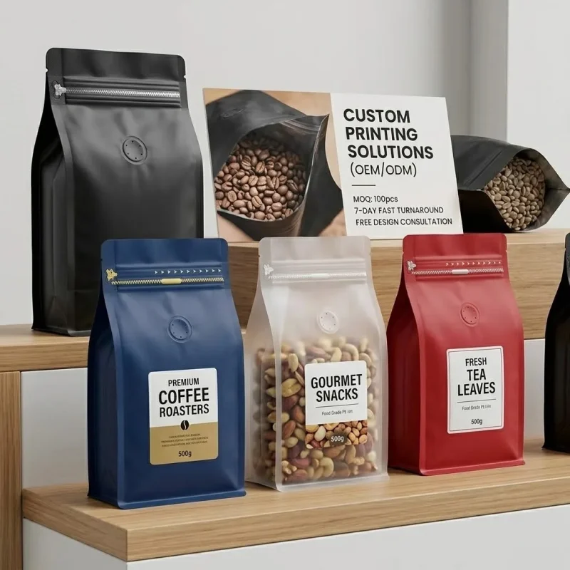 coffee packaging bags showing prismatic rainbow effect on transparent soft BOPP base