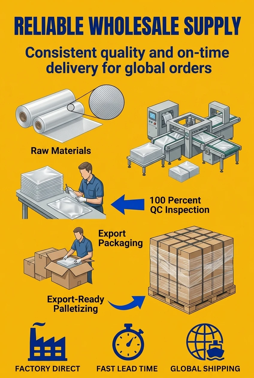 Wholesale vacuum plastic bag production and supply. Our factory ensures consistent quality for large orders of sealable plast