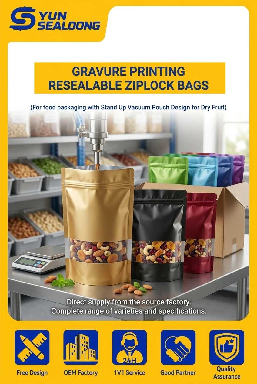Gravure Printing Resealable Zipper Top PET/PE Moisture Proof Stand up Pouch Bags for Dry Fruit Spice Storage Food Packaging