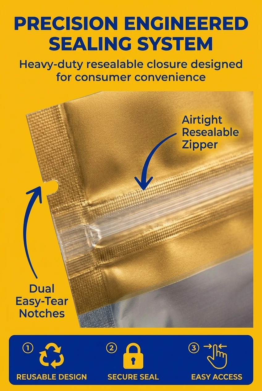 Detail view of our heavy-duty ziplock bags for food packaging. Features include a precision-fitted resealable zipper for airt