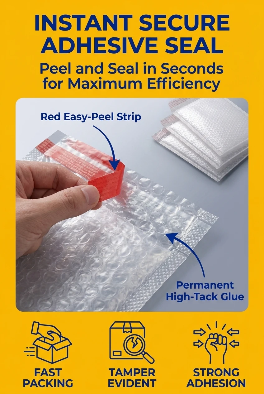 Efficient self adhesive plastic bag with a high tack red release strip. These sealable plastic bags provide a permanent closu